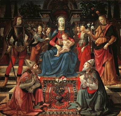 Madonna and Child Enthroned, St Zenobius, St Just, St Michael the Archangel and St Raphael the Archangel, ca 1483, av Domenico Ghirlandaio (1449-1494), tempera på tre av Domenico Ghirlandaio