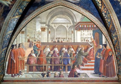 St. Frans som mottar Ordensregelen fra pave Honorius, scene fra en syklus av livet til St. Frans av Assisi, 1486 (se også 52660 og 176888) av Domenico Ghirlandaio