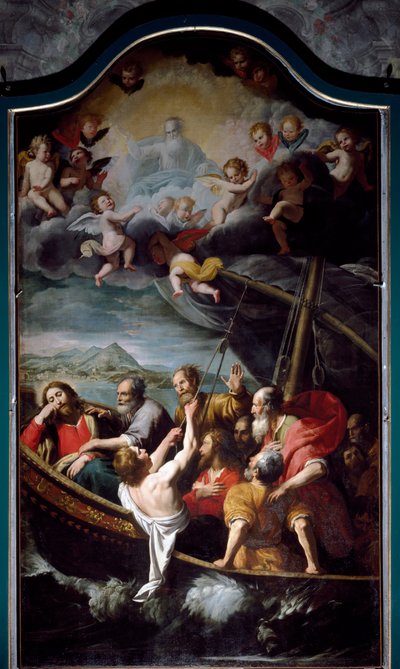 Saint Nicholas demper stormen. Maleri av Domenico Fiasella dit il Sarzana (1589-1669) Sestri Ponente, kirken Santa Maria dell