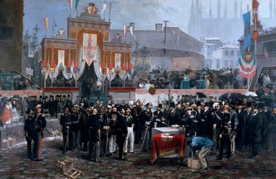 Seremoni for nedlegging av grunnstein til Galleria Victor Emmanuel II i Milano, 7. mars av Domenico Induno