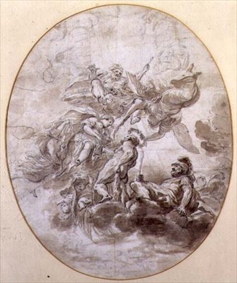 The Apotheosis of Hercules, design for en takfreskomaleri for Palazzo Pepoli i Bologna (penn og blekk og sepia vask på papir) av Domenico Maria Canuti