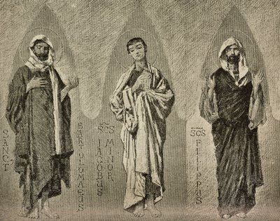 Saints Bartholomew, James the Less and Philip, tegneserier av Domenico Morelli for mosaikk i Amalfi-katedralen, Italia, tegning av P Scoppetta, gravering fra L'Illustrazione Italiana, nr. 42, 10. oktober av Domenico Morelli