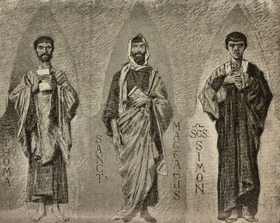 Saints Thomas, Mathew og Simon, tegneserier av Domenico Morelli for mosaikk i Amalfi-katedralen, Italia, tegning av P Scoppetta, gravering fra L'Illustrazione Italiana, nr. 42, 10. oktober av Domenico Morelli