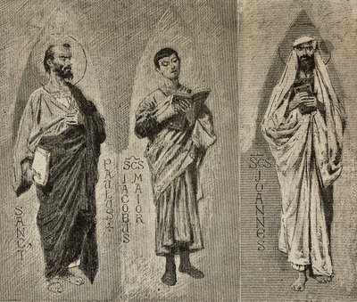 Sints Paul, James the Great og John, tegneserier av Domenico Morelli for mosaikken av Amalfi-katedralen, Italia, tegning av P Scoppetta, gravering fra L'Illustrazione Italiana, nr. 42, 10. oktober av Domenico Morelli