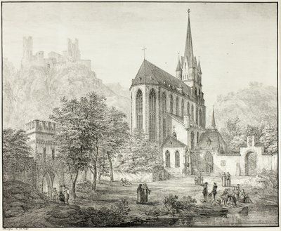 Collegiate Church of Our Lady, med Castle Schoenberg ved Oberwesel ved Rhinen av Domenico Quaglio