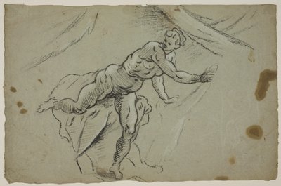 Naken kvinne med et tøystykke i hendene forlater raskt et telt av Domenico Tintoretto