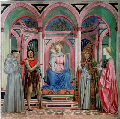 Altertavle av Santa Lucia dei Magnoli: Madonna og barn med Saint Lucia, Saint Francois, Johannes døperen og Saint Zanobi (Zenobie) Detrempe på tre av Domenico Veneziano (Domenico di Bartolomeo) (begynnelsen av 1400-tallet-1461) 1455 ca. Sol. 209 x 213 c av Domenico Veneziano