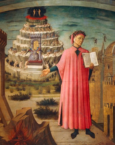 Dante Alighieri med guddommelig komedie i hånden og fjell av skjærsilden i bakgrunnen, detalj fra guddommelig komedie, av Dante Alighieri (1265-1321), av Domenico di Michelino (1417-1491), freskomaleri, Basilica of Saint Mary of Flower, Firenze. Italia, 14 av Domenico di Michelino