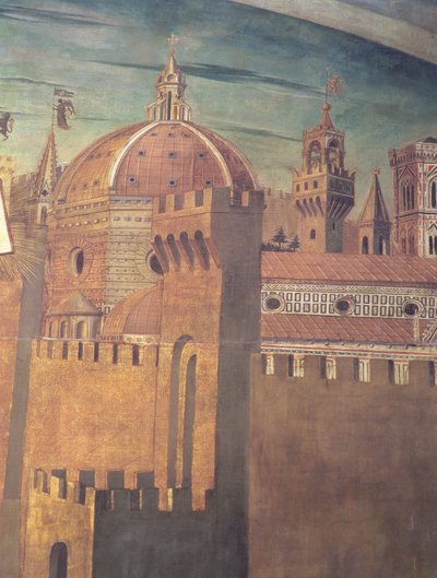 Detalj som viser katedralen i Firenze, fra en freskomaleri av Dante med Divina Commedia i nordgangen, 1465 freskomaleri av 42355 av Domenico di Michelino