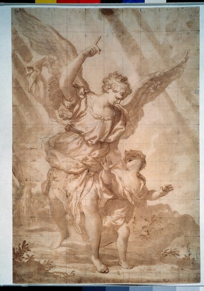 ""The Guardian Angel"" (Skytsengel) Pennetegning av Domenico Piola (1627-1703) Pushkin-museet, Moskva av Domenico the Elder Piola