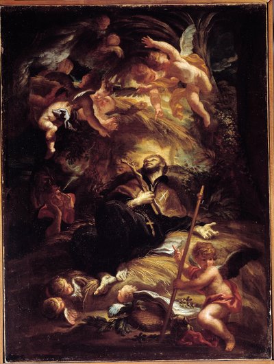 The Death of Saint Francois Xavier (Francois-Xavier) (1506-1552), spansk jesuitemisjonær (The Death of St Francis Xavier) Maleri av Domenico Piola (1627-1703) Genes, Musei di Strada Nuova (ex Palazzo Bianco) av Domenico the Elder Piola