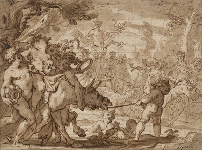 The Triumph of Bacchus, ca. 1642-1703 (penn og brunt blekk og vask over rødt kritt på lagt papir) av Domenico the Elder Piola