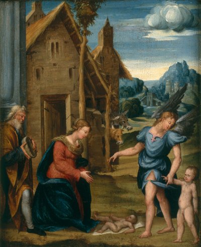Tilbedelse av barnet med Rafael og Tobias, ca. 1510 av Domenico workshop attr.to Panetti
