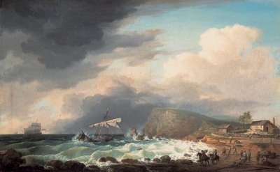 Et forlis utenfor en kyst med overlevende og redningsmenn på en strand av Dominic Serres