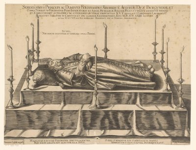 Doodsportret av Ferdinand II van Tirol Den mest rolige prins og lord Ferdinand erkehertug av Østerrike (...) (tittel på objekt) av Dominicus Custos (possibly)