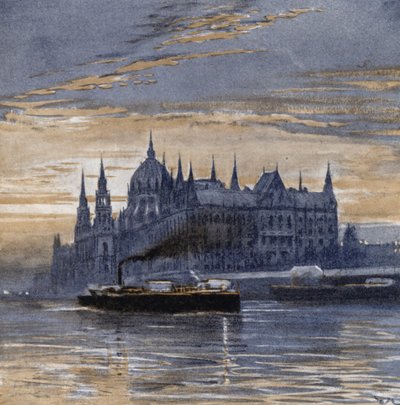 Buda-pest og dets parlamentshus (farge litho) av Donald (after) Maxwell