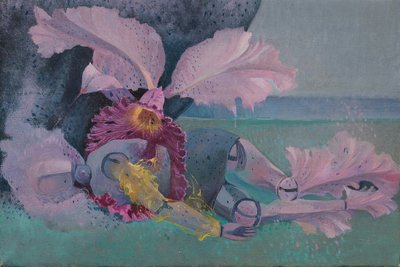 Metamorphosis, Mannequin and orchid, ca. 1968 (olje på lerret) av Donatella Merlo