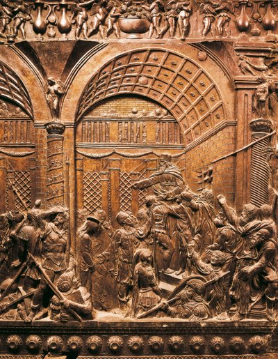 Renessansekunst (Quattrocento): Kristus leder foran Kaifas. 1460. Lavrelieff på bronse) av Donatello