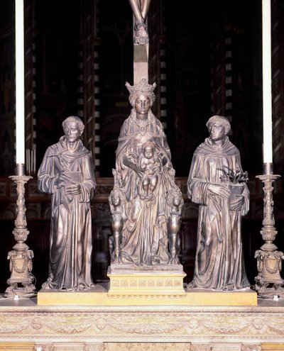 Italia, Padua, Basilica of Saint Anthony of Padua, Group of Virgin and Child with Saints, av Donatello (ca. 1386-1466), bronse av Donatello