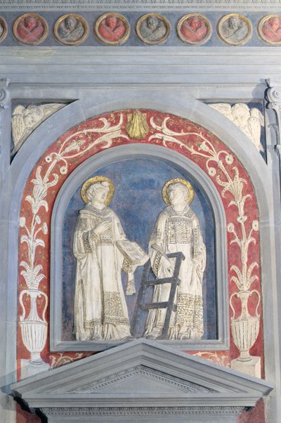 St. Lawrence og St. Stephen, lavrelieffskulptur over norddøren, ca. 1440 (terrakotta) av Donatello