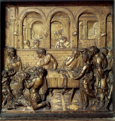 Banketten til Herode Antipas II (21 f.Kr.-39 e.Kr.). Detalj av det nedre relieffet av døpefonten realisert av Donato di Niccolo di Betto Bardi dit Donatello (1386-1466) av Donatello