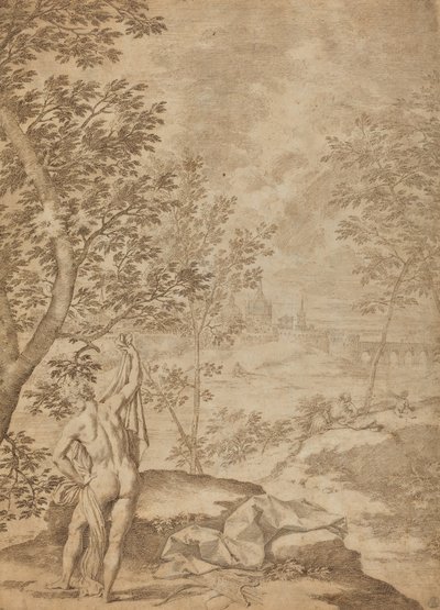 Apollo står i et elvelandskap av Donato Creti