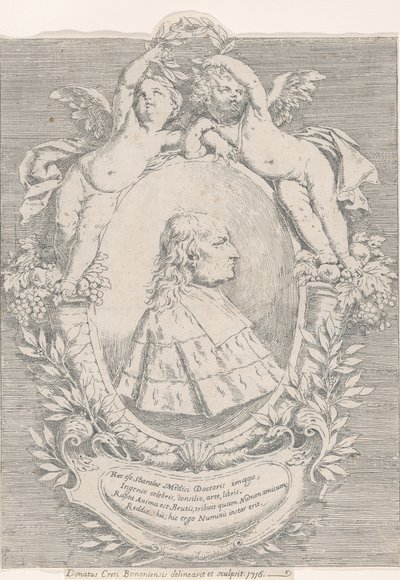 Portrett av Giovanni Girolamo Sbaraglia, innenfor en oval flankert av to putti på overflødighetshorn..., 1716. av Donato Creti
