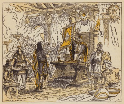Kongen belønner Beowulf (farge litho) av Donn P. Crane