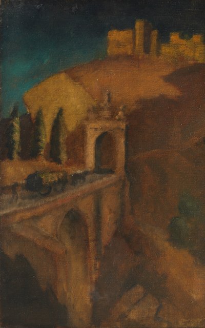 Fjelllandskap med bro (verso), ca. 1910 (olje på lerret) av Dora (attr. to) Carrington