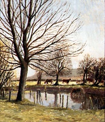 Storfe ved en dam (olje på lerret) av Dora Carrington