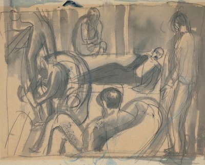 Maynard Keynes, Lytton Strachey og andre, ca. 1916 (blyant og akvarell på papir) av Dora Carrington