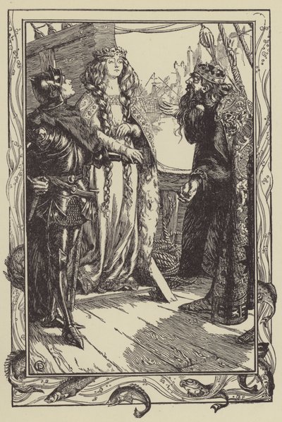 Kong Anguish gir Isolt til Sir Tristram (litho) av Dora Curtis