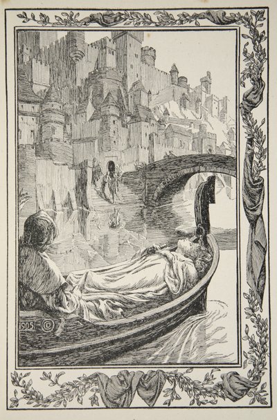 Lekteren fløt nedover elven, illustrasjon fra "Stories of King Arthur and the Round Table" av Beatrice Clay av Dora Curtis