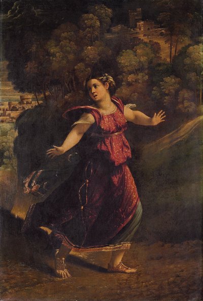 En kvinne som flykter på en skogkledd sti, ca. 1520-tallet av Dosso Dossi
