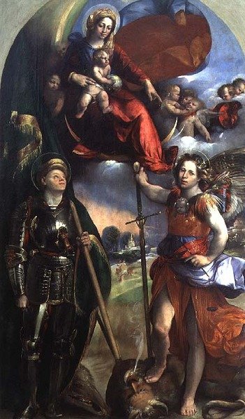 Madonna og barn med St. George og St. Michael av Dosso Dossi