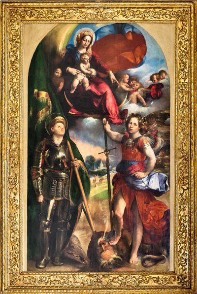 Madonna with Infant Jesus and St George and St Michael Archangel, c.1518 (oil on panel)   1406608   no       norwegian Successfully Translated  Original: Optocht van mensen uit de Vijf Landen Translat: Optocht van mensen uit de Vijf Landen 1342401 no norwe av Dosso Dossi