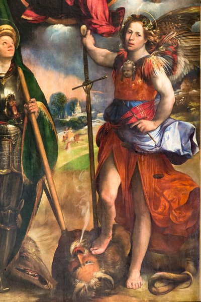 Madonna med spedbarnet Jesus og St. George og St. Michael Erkeengel, detalj av 2384617, ca. 1518 (olje på panel) av Dosso Dossi