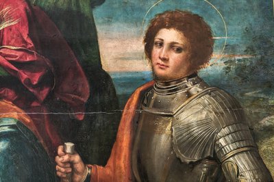 Madonna med spedbarnet Jesus og St Sebastian og St George, detalj av 2384616 av Dosso Dossi