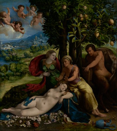 Mytologisk scene, ca. 1524 (olje på lerret) av Dosso Dossi