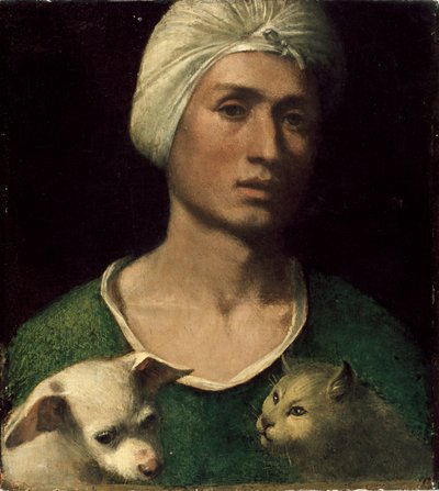 Portrett av en ung mann som holder en hund og en katt, c1530s av Dosso Dossi