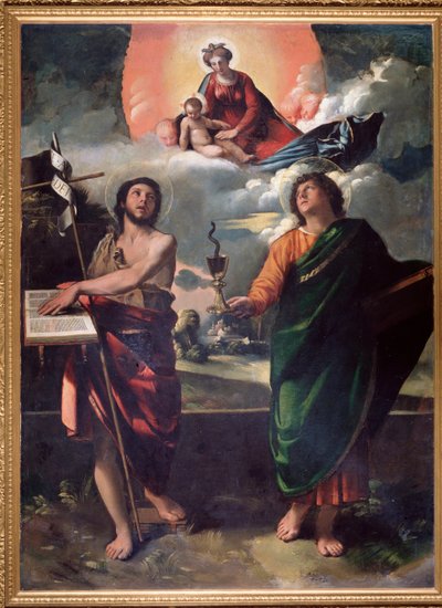 Jomfru og barn med St. Johannes Baptist og St. Johannes evangelist St. Johannes holder en kalk av eller overstiger en slange av Dosso Dossi