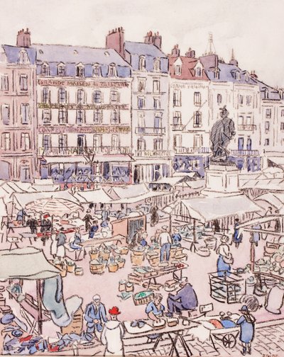 Place Nationale, Dieppe, ca. 1910 (kritt og wc på papir) av Douglas Fox Pitt