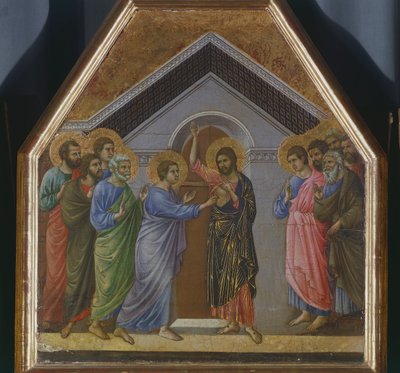 Altarpeice: The Incredulity of St Thomas, detalj av galingen fra baksiden av Maesta' i katedralen i Siena av Duccio di Buoninsegna