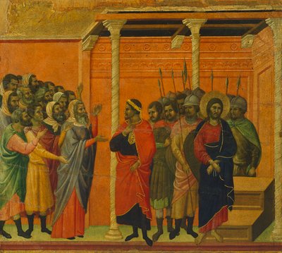 Altertavle: Kristus anklaget av fariseerne, detalj av en flis fra Historiene om Kristi lidenskap og oppstandelse, baksiden av Maesta'en i katedralen i Siena av Duccio di Buoninsegna