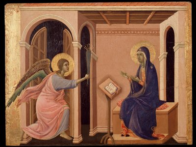 Kunngjøring om Marias død. Predella of the Maesta (tempera på tre av Duccio di Buoninsegna