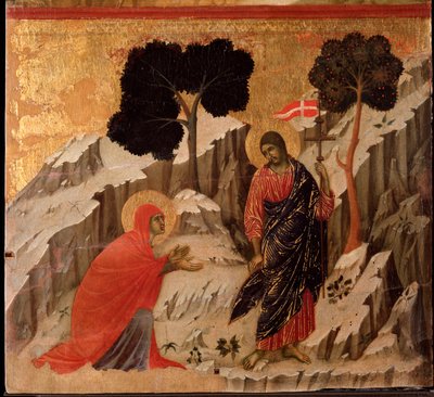 Jesu tilsynekomst for Maria Magdalena etter oppstandelsen. Maesta altertavle (tempera og gull på tre av Duccio di Buoninsegna