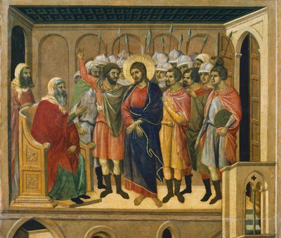Kristus før ypperstepresten, detalj av flis fra episoder fra Kristi lidenskap og oppstandelse, baksiden av Maesta' av Duccio altertavle i katedralen i Siena av Duccio di Buoninsegna