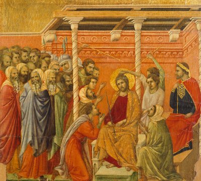 Kroning med torner, detalj av flis fra episoder fra Kristi lidenskap og oppstandelse, baksiden av Maesta' av Duccio altertavle i katedralen i Siena av Duccio di Buoninsegna
