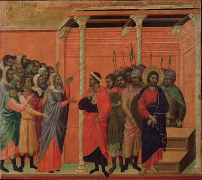 Jesus anklaget av fariseerne. Maesta altertavle (tempera og gull på tre av Duccio di Buoninsegna