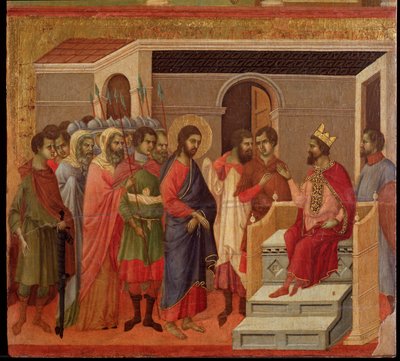 Jesus foran Herodes. Maesta altertavle (tempera og gull på tre av Duccio di Buoninsegna